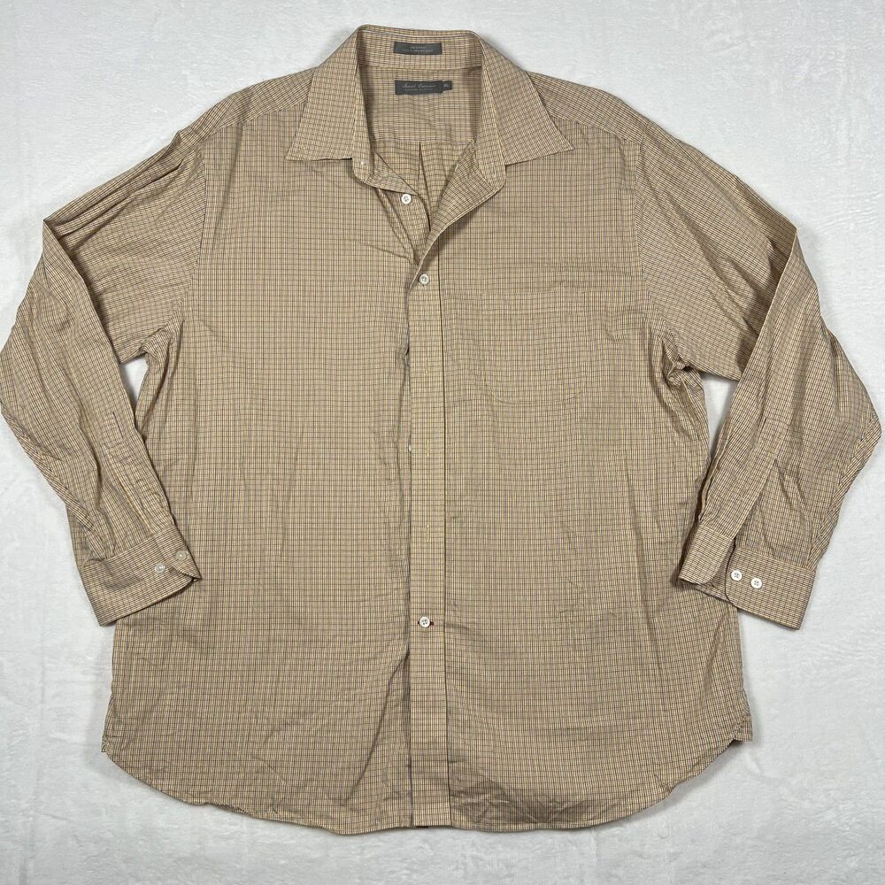 Daniel Cremieux Signature Mens XL Dress Shirt Tan Gold Blue Check 100% Cotton